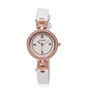 Strada Austrian Crystal Japanese Movement Watch with White Faux Leather (27.1mm)