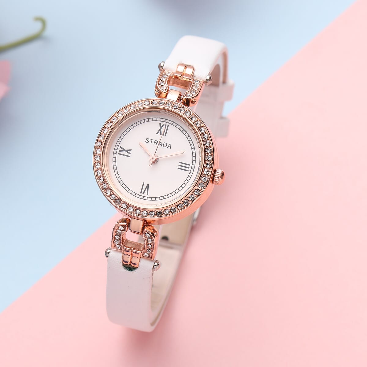 Strada Austrian Crystal Japanese Movement Watch with White Faux Leather (27.1mm) image number 1