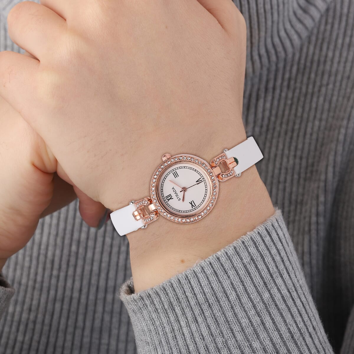 Strada Austrian Crystal Japanese Movement Watch with White Faux Leather (27.1mm) image number 2