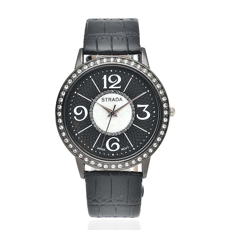 Strada Austrian Crystal Japanese Movement Faux MOP Dial Watch with Black Faux Leather Strap