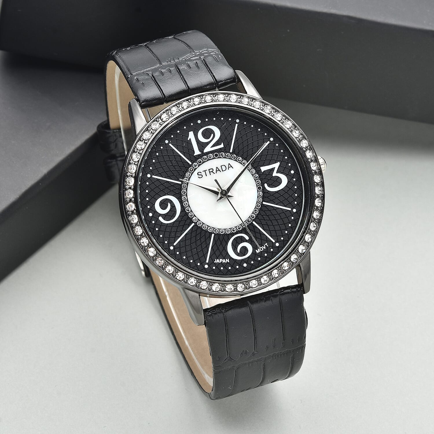 Strada Austrian Crystal Japanese Movement Faux MOP Dial Watch with Black Faux Leather Strap