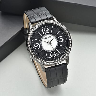 Strada Austrian Crystal Japanese Movement Faux MOP Dial Watch with Black Faux Leather Strap