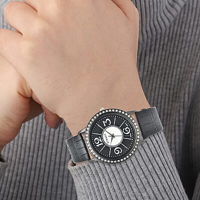 Strada Austrian Crystal Japanese Movement Faux MOP Dial Watch with Black Faux Leather Strap
