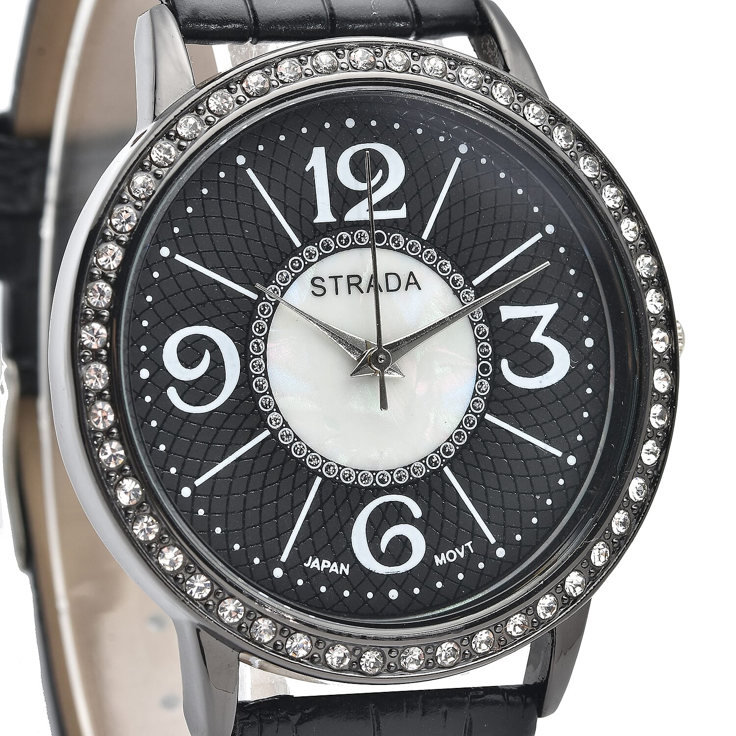 Strada Austrian Crystal Japanese Movement Faux MOP Dial Watch with Black Faux Leather Strap