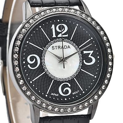 Strada Austrian Crystal Japanese Movement Faux MOP Dial Watch with Black Faux Leather Strap