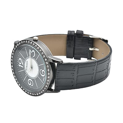 Strada Austrian Crystal Japanese Movement Faux MOP Dial Watch with Black Faux Leather Strap