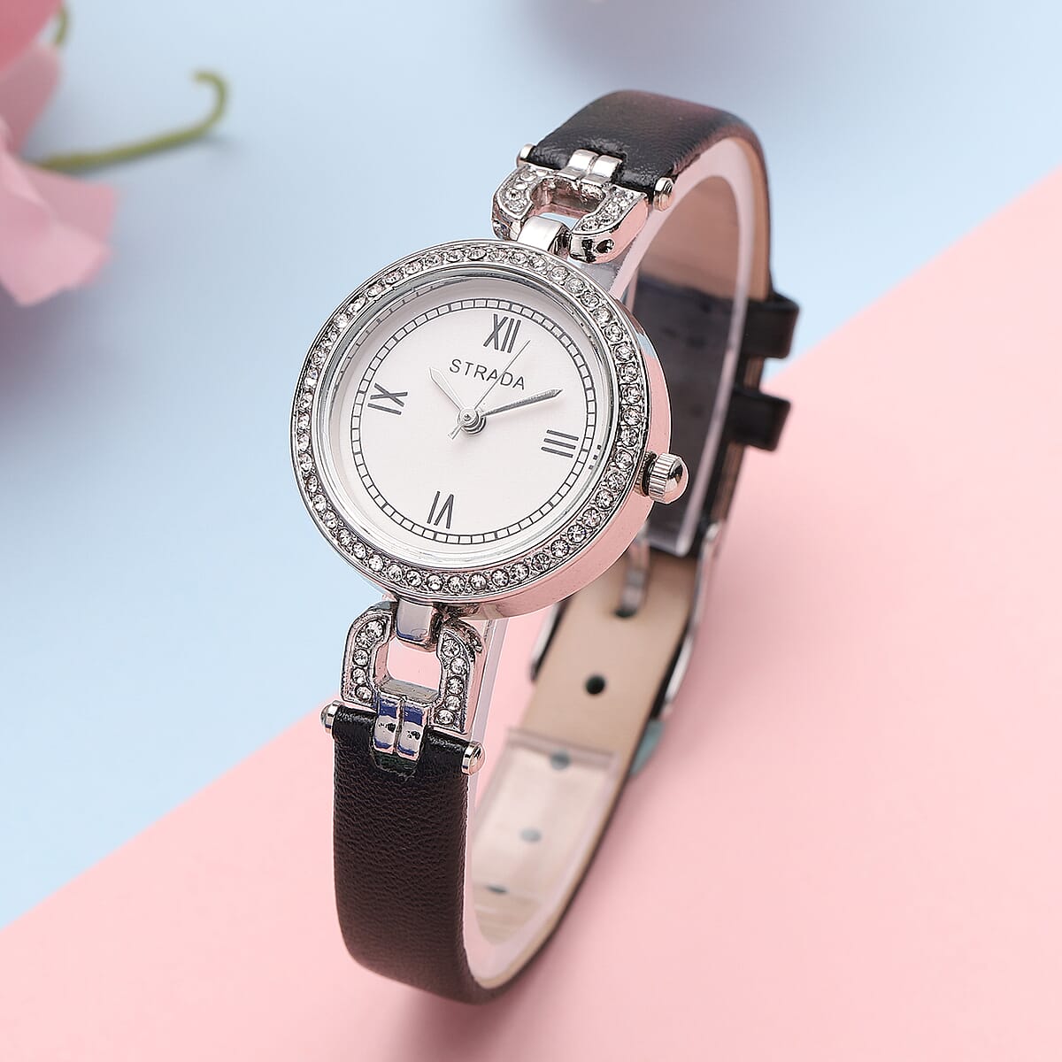 Strada Austrian Crystal Japanese Movement Watch with Black Faux Leather (27.1mm) image number 1