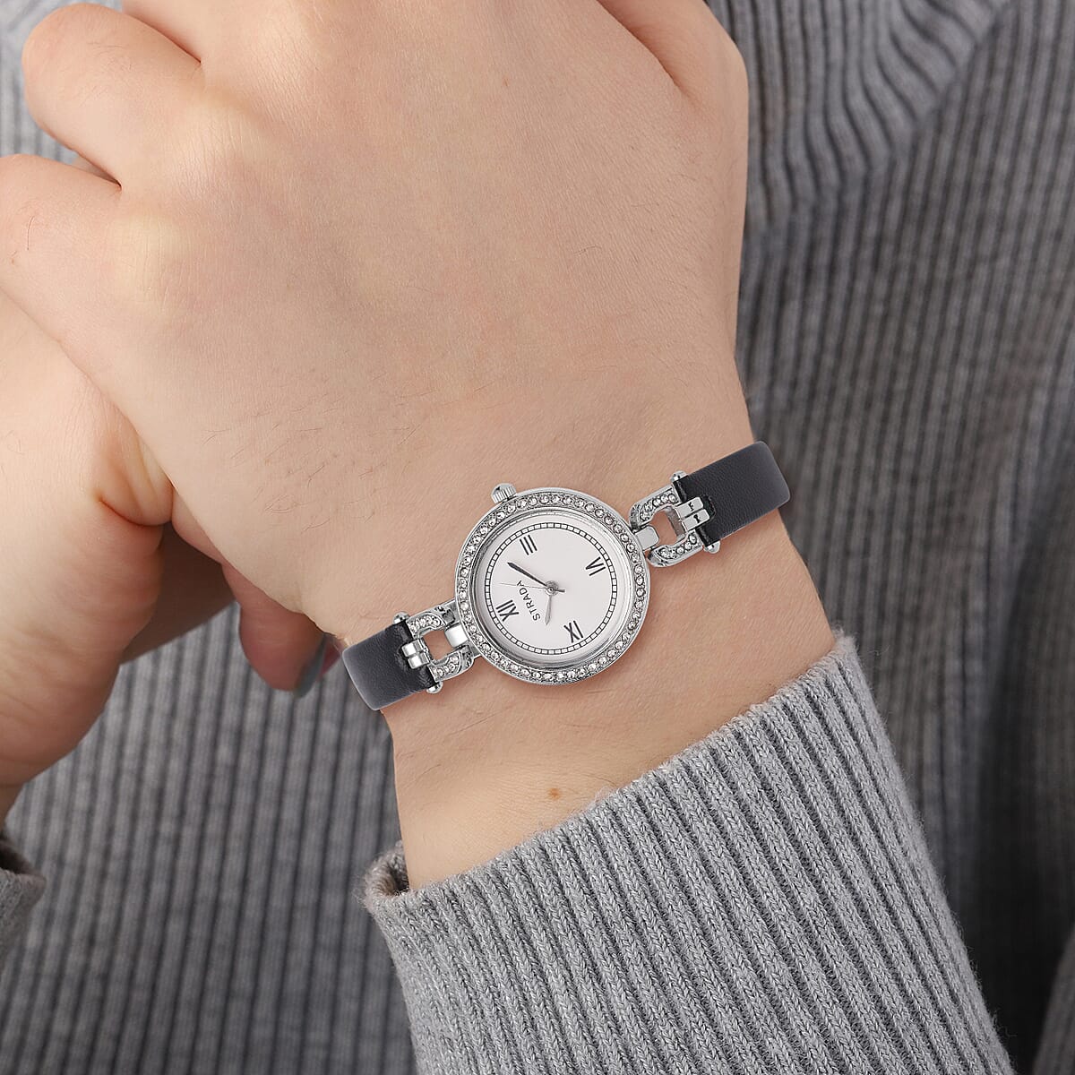 Strada Austrian Crystal Japanese Movement Watch with Black Faux Leather (27.1mm) image number 2