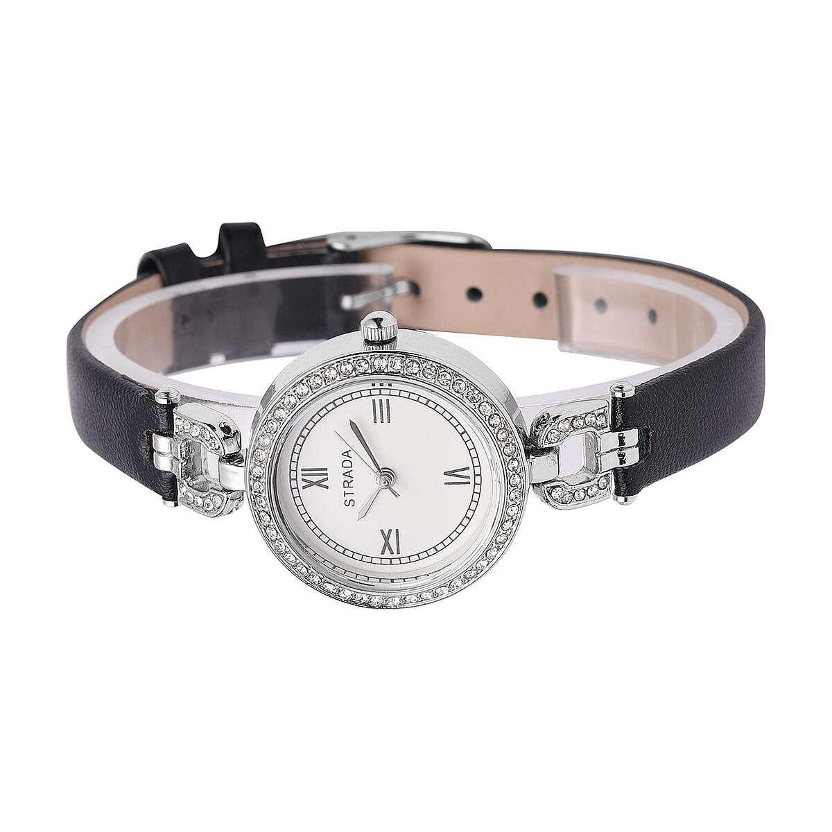 Strada Austrian Crystal Japanese Movement Watch with Black Faux Leather (27.1mm) image number 4