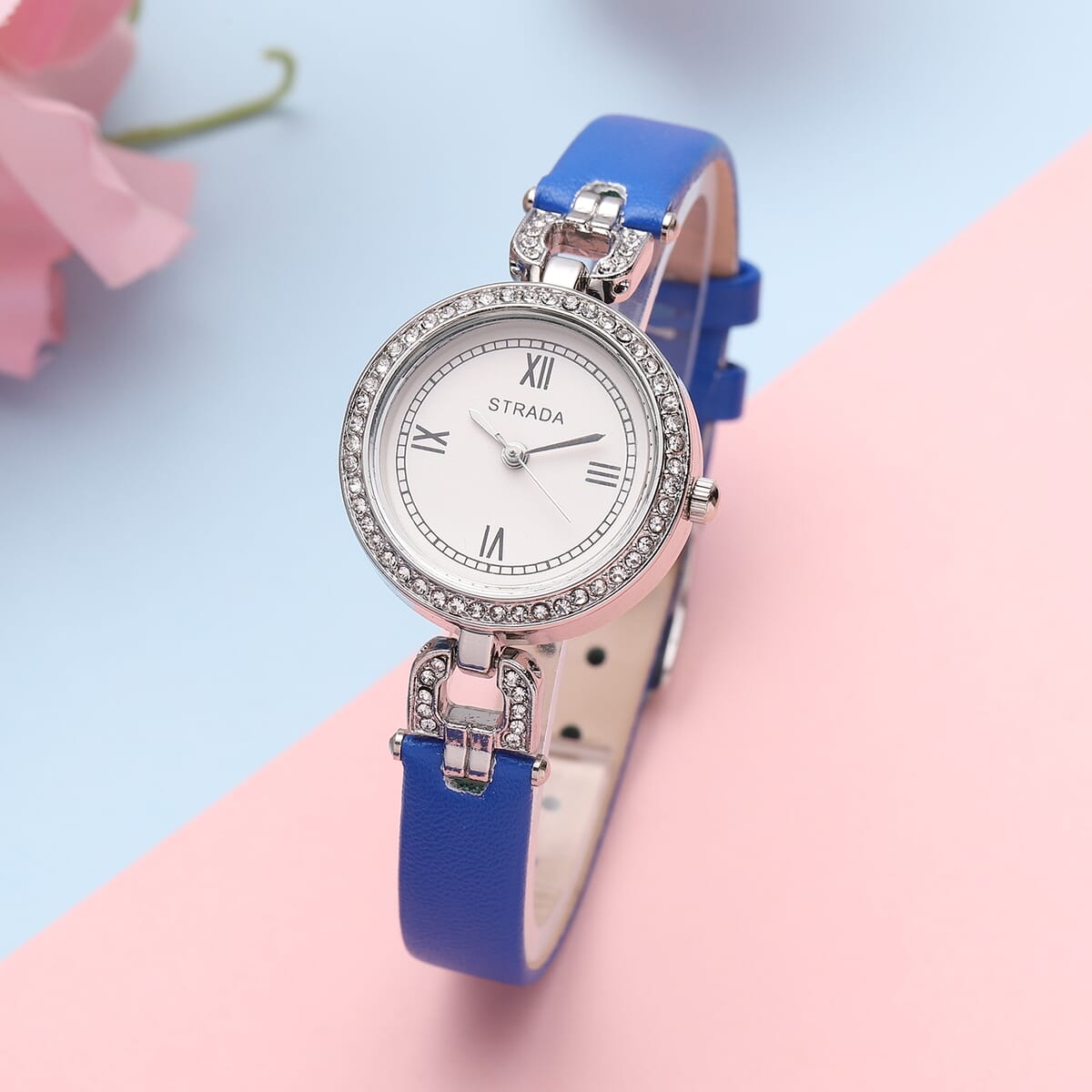 Strada Austrian Crystal Japanese Movement Watch with Blue Faux Leather image number 1