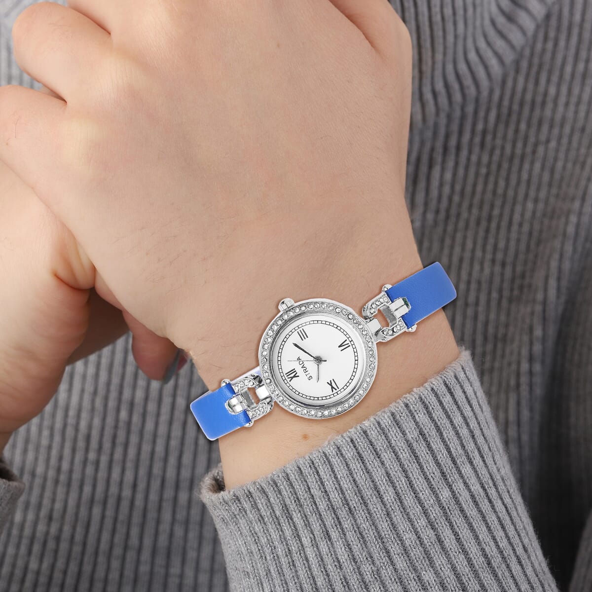 Strada Austrian Crystal Japanese Movement Watch with Blue Faux Leather image number 2