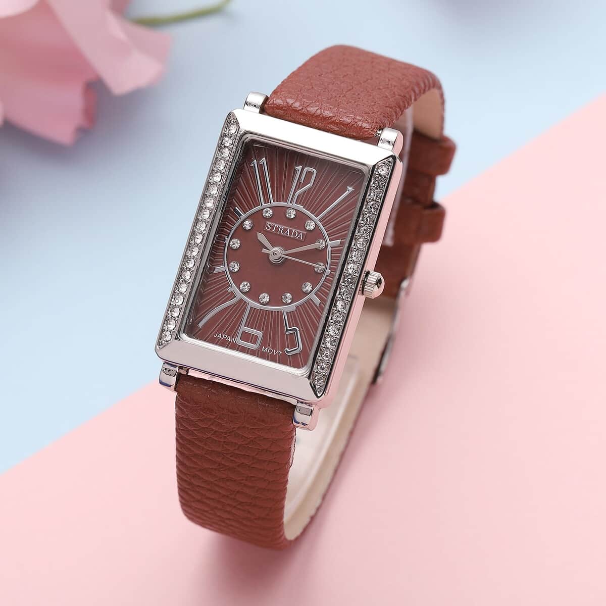 Strada Japanese Movement White Austrian Crystal Watch with Chocolate Color Faux Leather Strap (35 mm) (6.75-8.25 Inches) image number 1