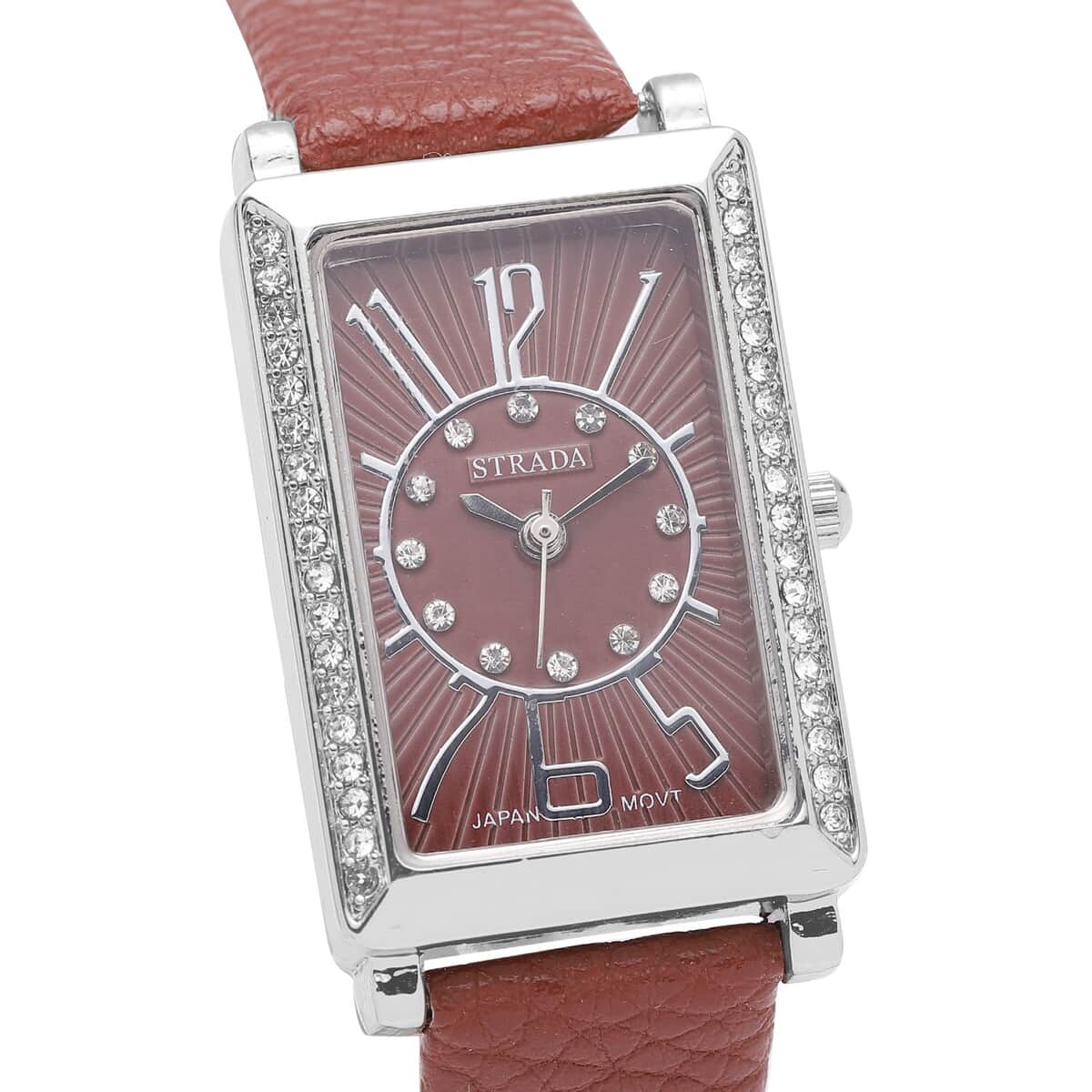 Strada Japanese Movement White Austrian Crystal Watch with Chocolate Color Faux Leather Strap (35 mm) (6.75-8.25 Inches) image number 3