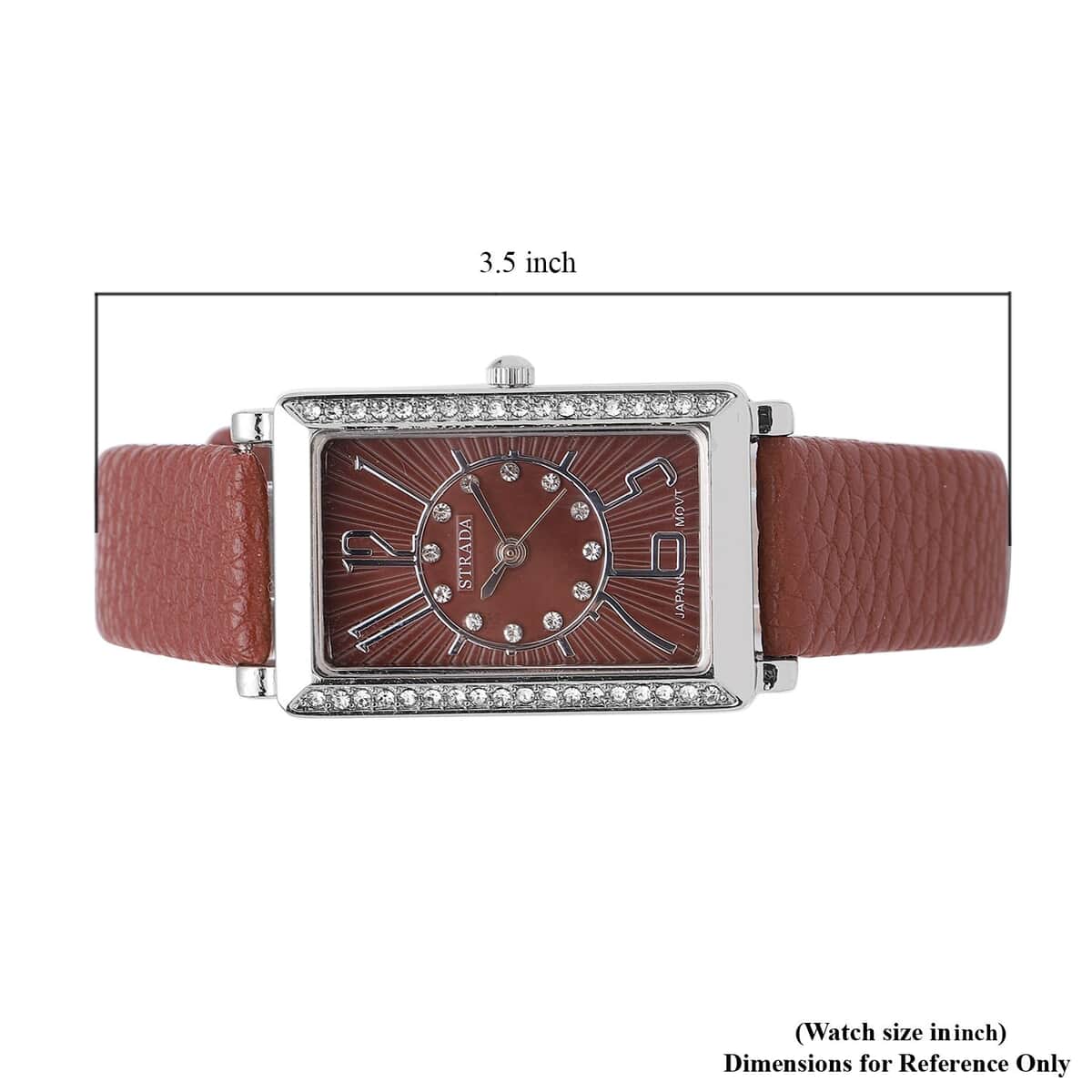 Strada Japanese Movement White Austrian Crystal Watch with Chocolate Color Faux Leather Strap (35 mm) (6.75-8.25 Inches) image number 6