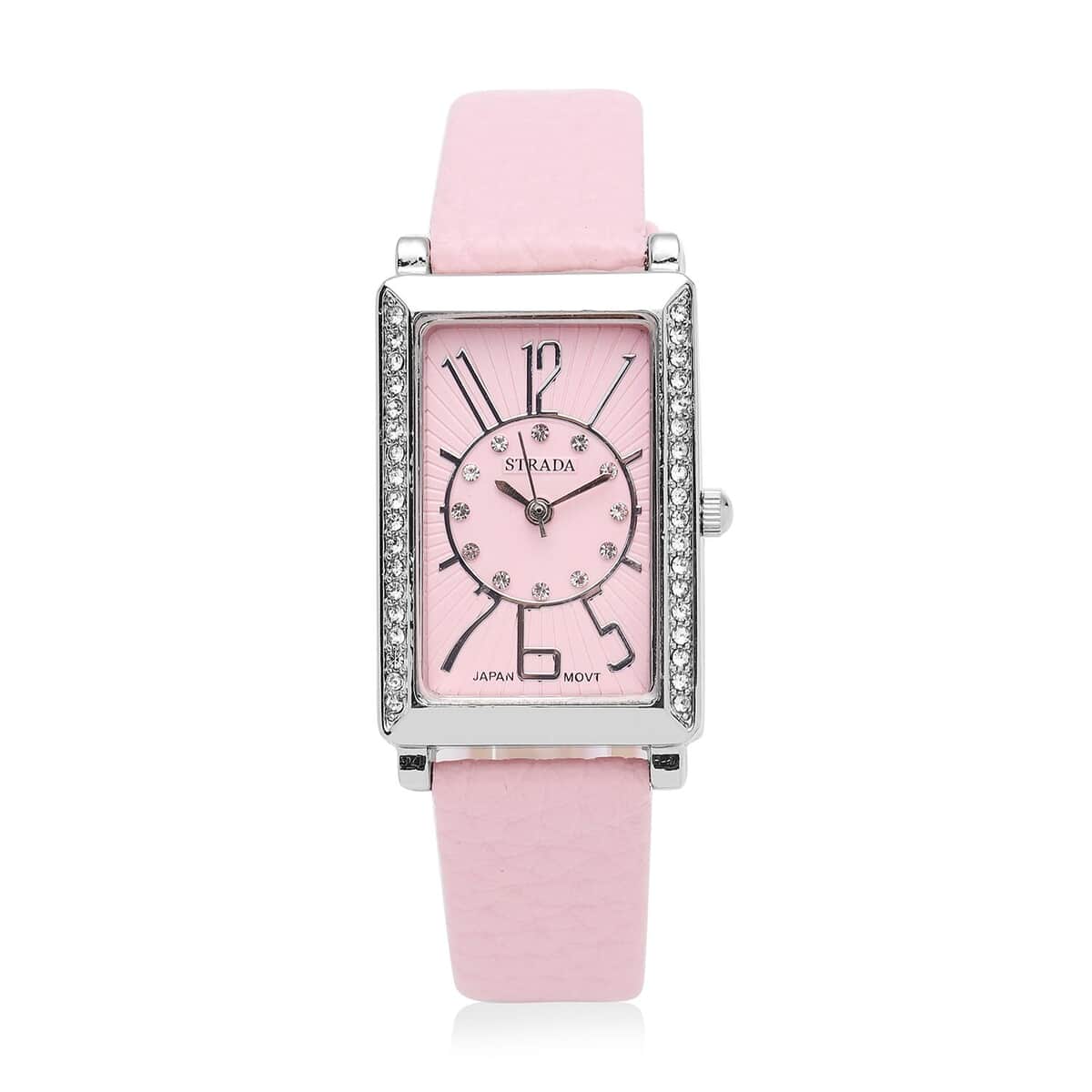 Strada Japanese Movement White Austrian Crystal Watch with Pink Color Faux Leather Strap (35 mm) (6.75-8.25 Inches) image number 0