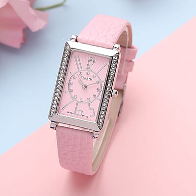 Strada Japanese Movement White Austrian Crystal Watch with Pink Color Faux Leather Strap (35 mm) (6.75-8.25 Inches)