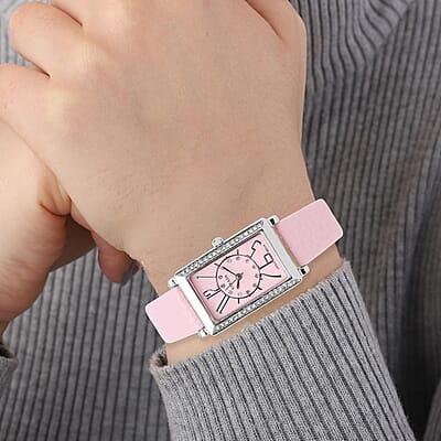 Strada Japanese Movement White Austrian Crystal Watch with Pink Color Faux Leather Strap (35 mm) (6.75-8.25 Inches)