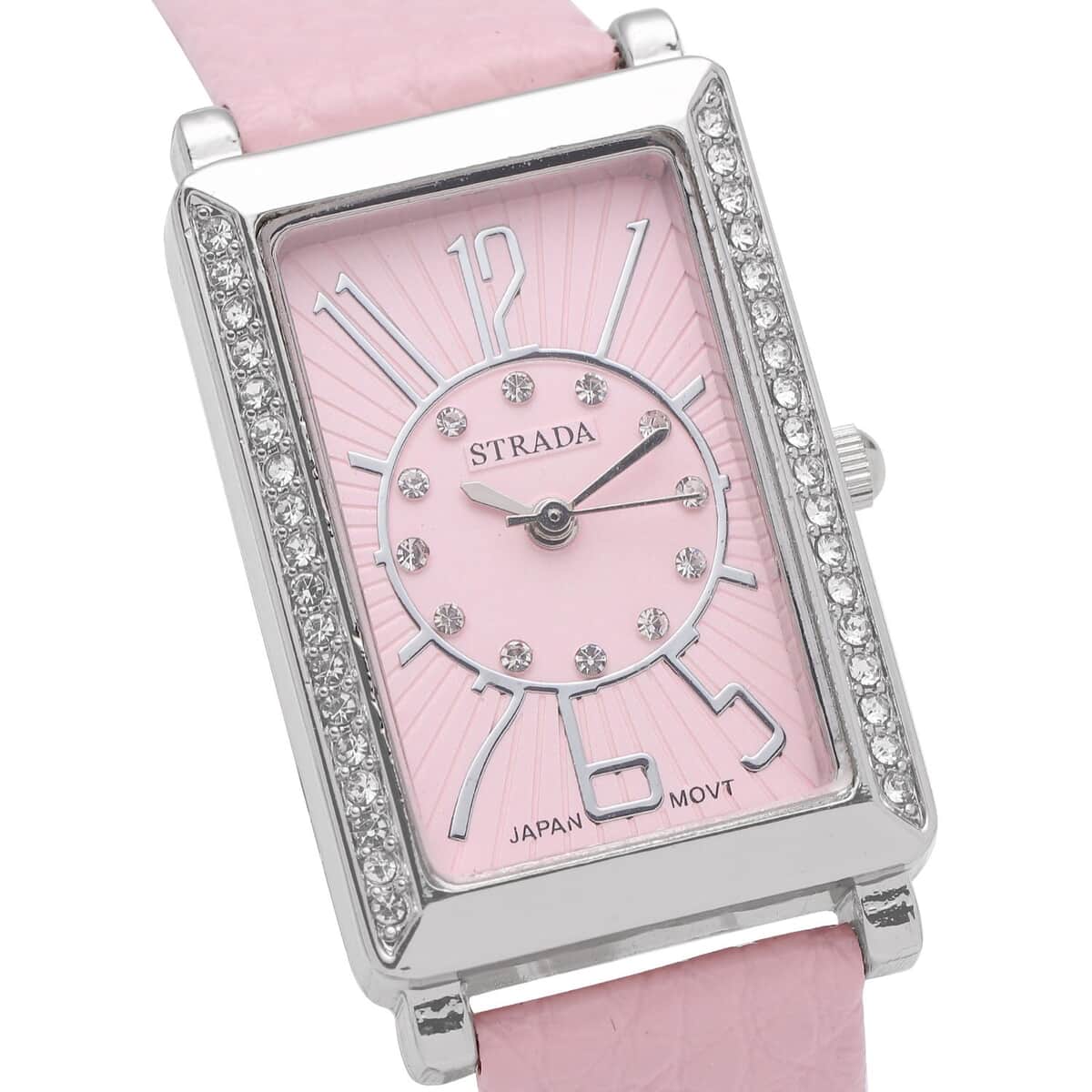 Strada Japanese Movement White Austrian Crystal Watch with Pink Color Faux Leather Strap (35 mm) (6.75-8.25 Inches) image number 3