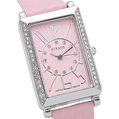 Strada Japanese Movement White Austrian Crystal Watch with Pink Color Faux Leather Strap (35 mm) (6.75-8.25 Inches)