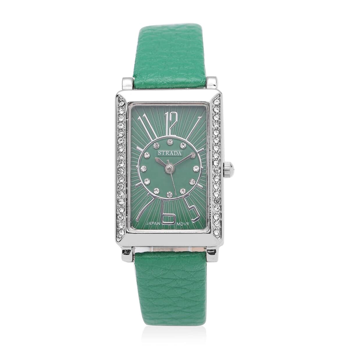 Strada Japanese Movement White Austrian Crystal Watch with Green Color Faux Leather Strap (35 mm) (6.75-8.25 Inches) image number 0