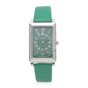 Strada Japanese Movement White Austrian Crystal Watch with Green Color Faux Leather Strap (35 mm) (6.75-8.25 Inches)