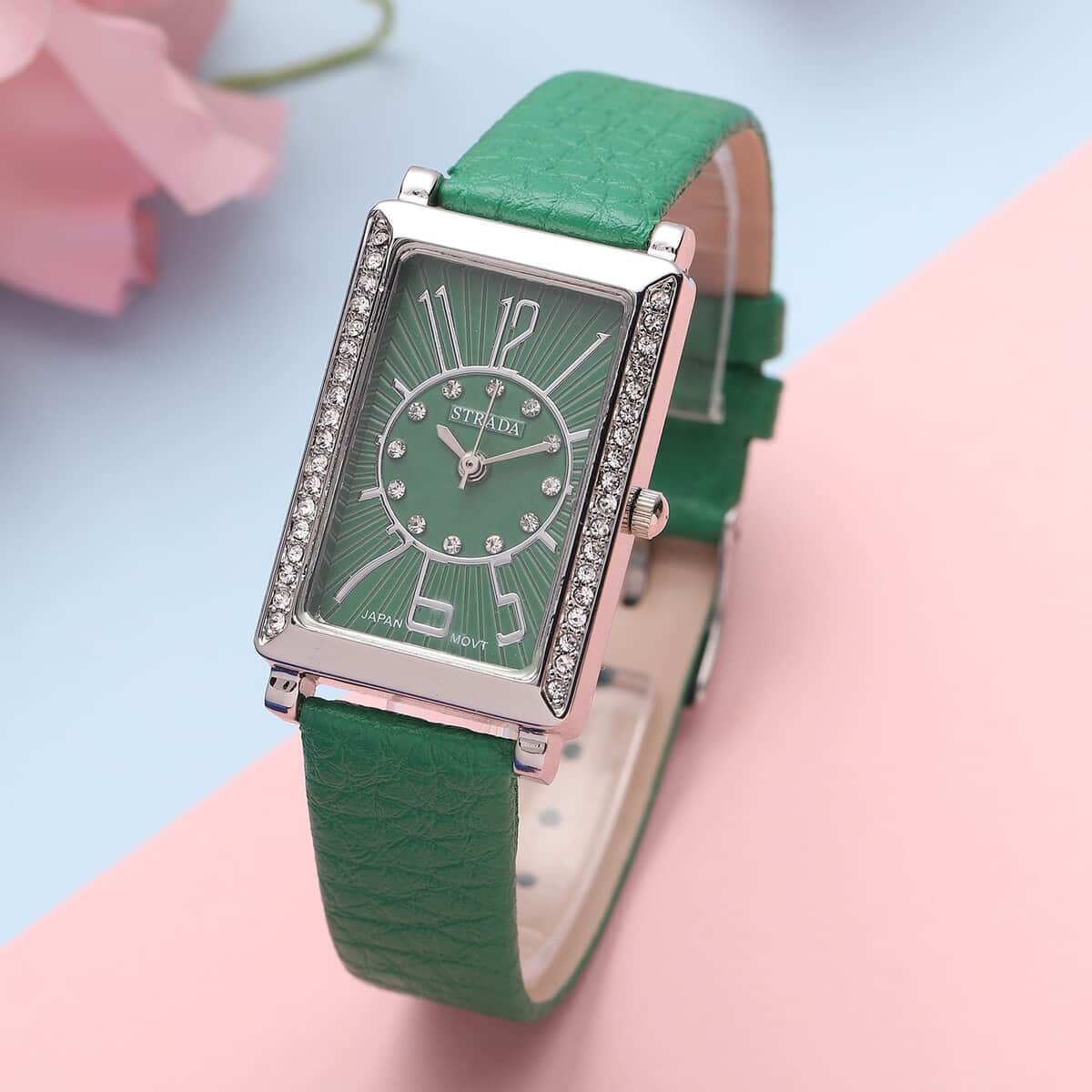 Strada Japanese Movement White Austrian Crystal Watch with Green Color Faux Leather Strap (35 mm) (6.75-8.25 Inches) image number 1