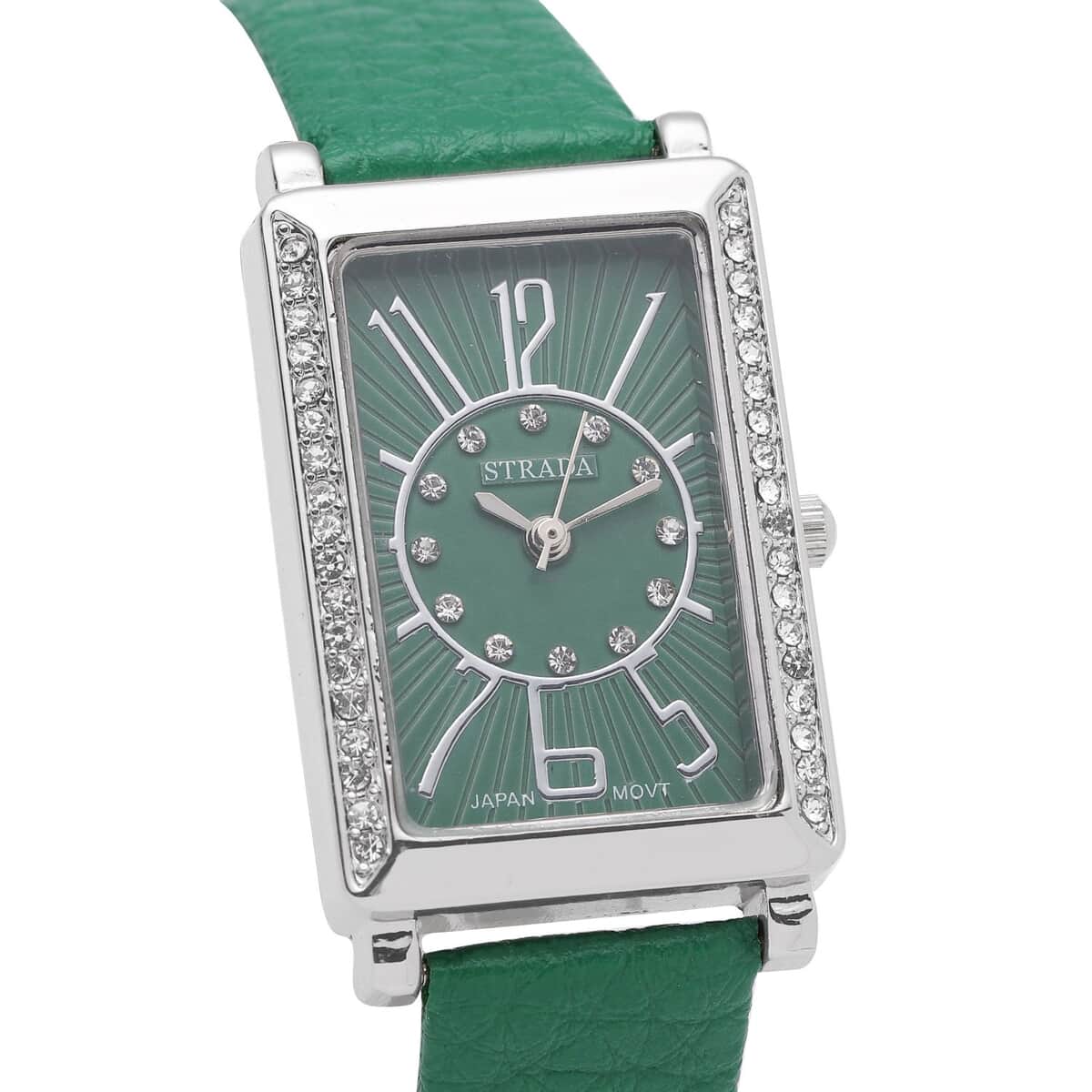 Strada Japanese Movement White Austrian Crystal Watch with Green Color Faux Leather Strap (35 mm) (6.75-8.25 Inches) image number 3