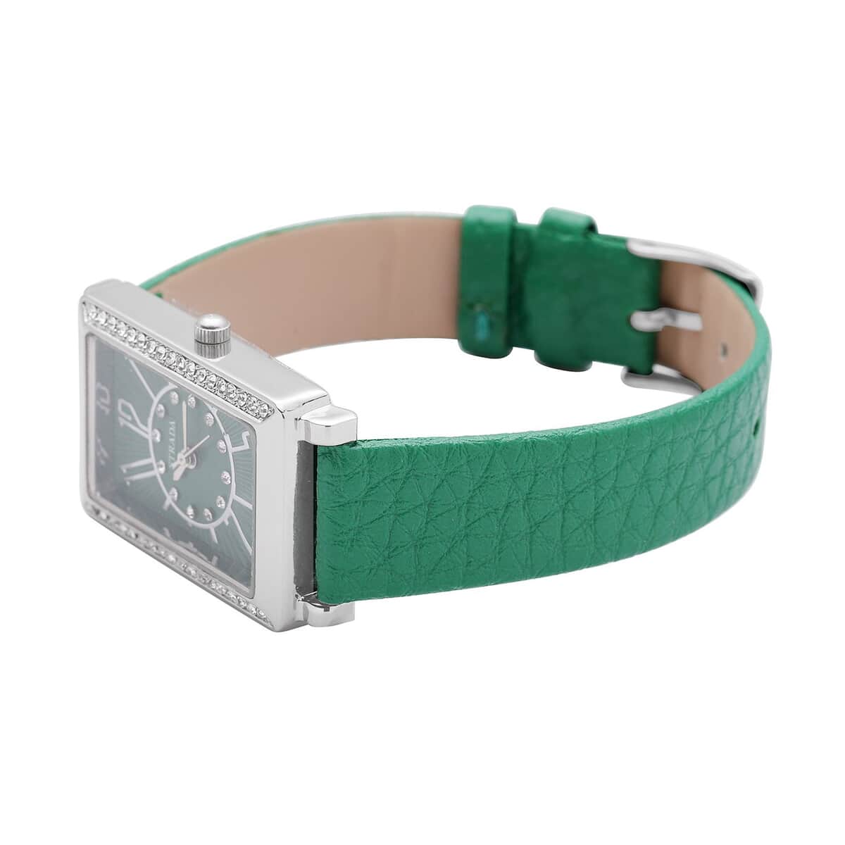 Strada Japanese Movement White Austrian Crystal Watch with Green Color Faux Leather Strap (35 mm) (6.75-8.25 Inches) image number 4