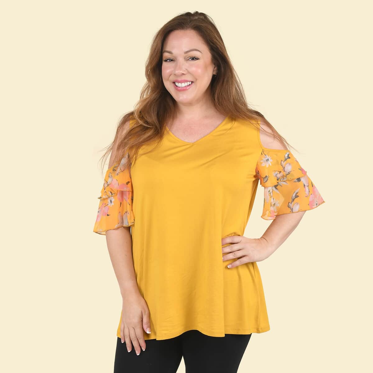 Tamsy Yellow Blouse with Cold Shoulder and Floral Ruffle Sleeve - L image number 0