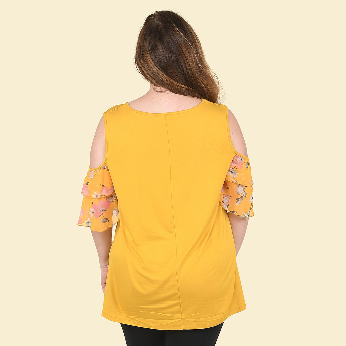 Tamsy Yellow Blouse with Cold Shoulder and Floral Ruffle Sleeve - 1X image number 1