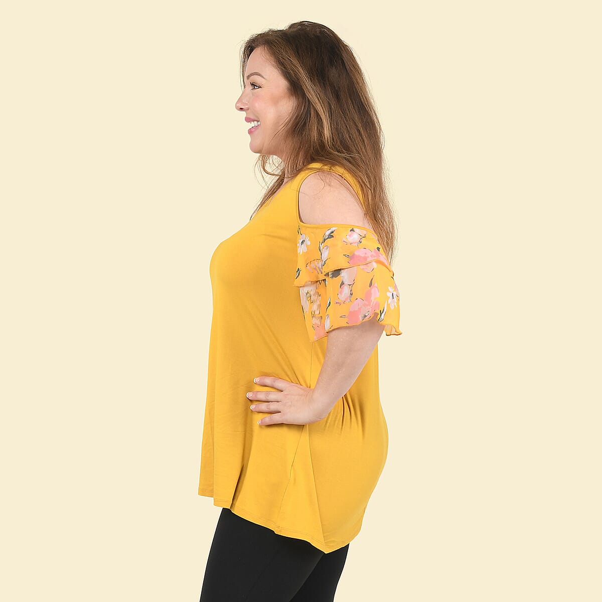 Tamsy Yellow Blouse with Cold Shoulder and Floral Ruffle Sleeve - 1X image number 2