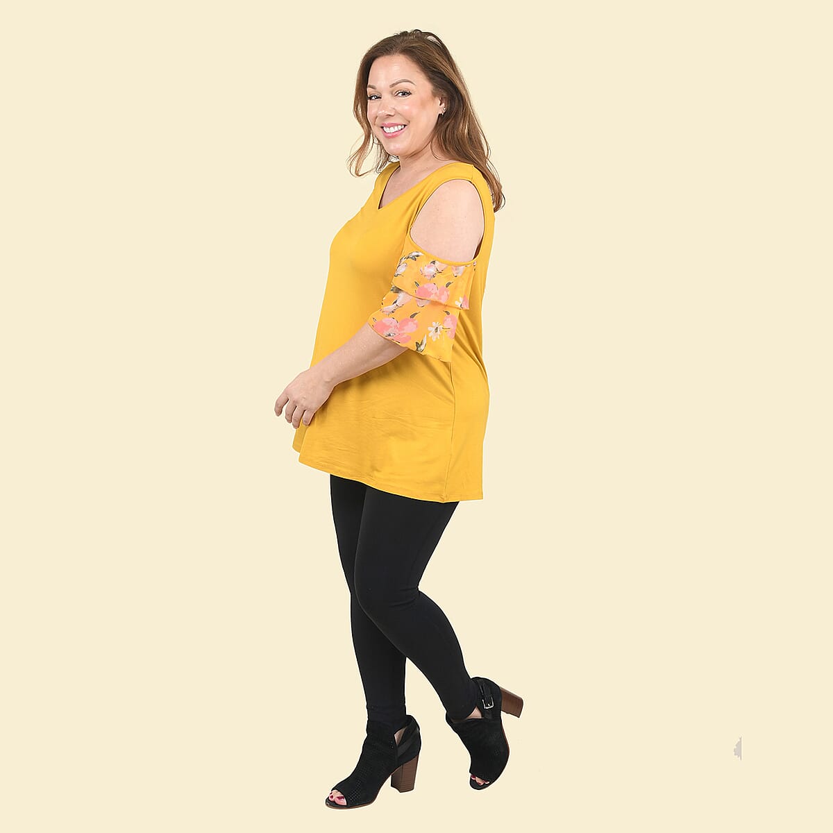 Tamsy Yellow Blouse with Cold Shoulder and Floral Ruffle Sleeve - 1X image number 3
