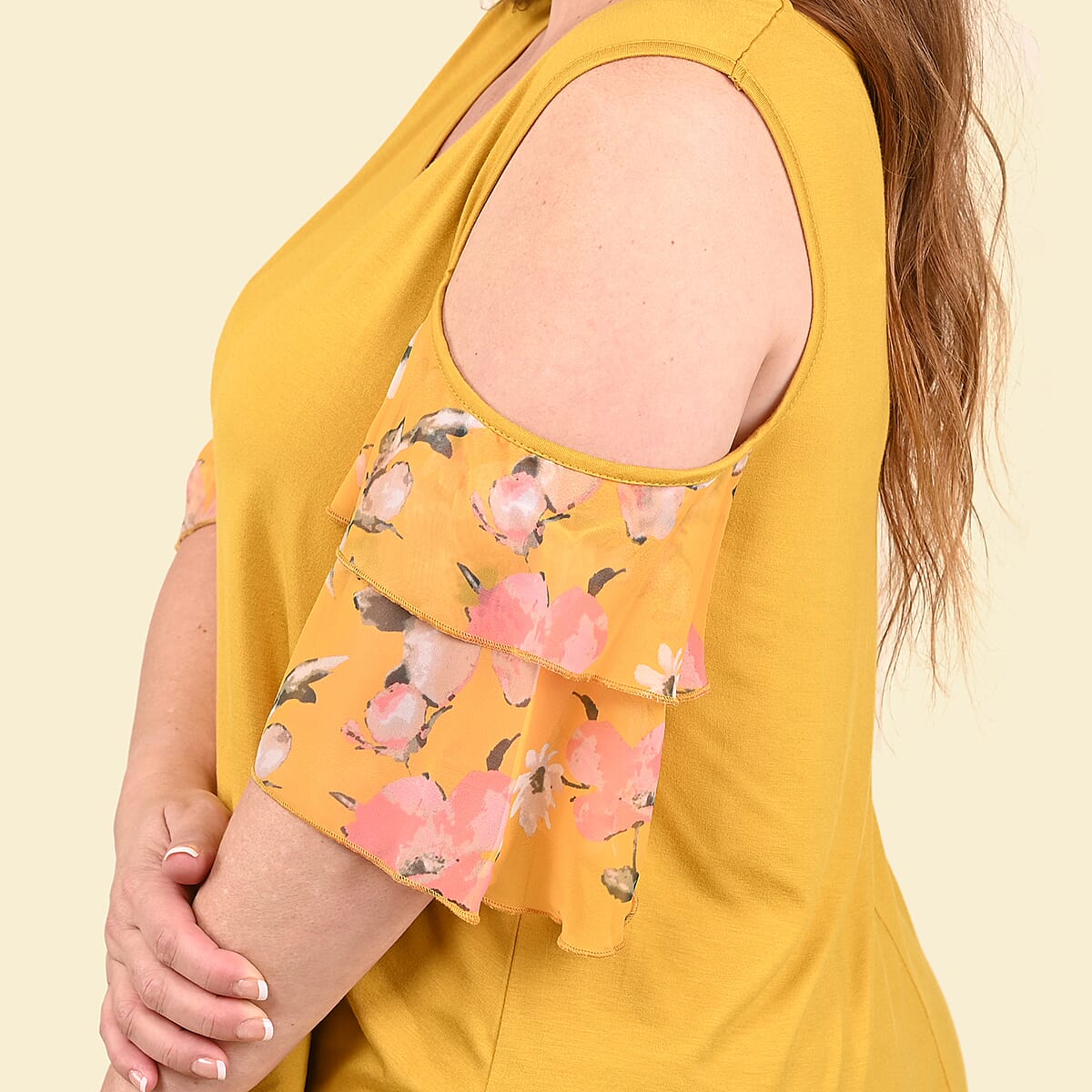 Tamsy Yellow Blouse with Cold Shoulder and Floral Ruffle Sleeve - 1X image number 4