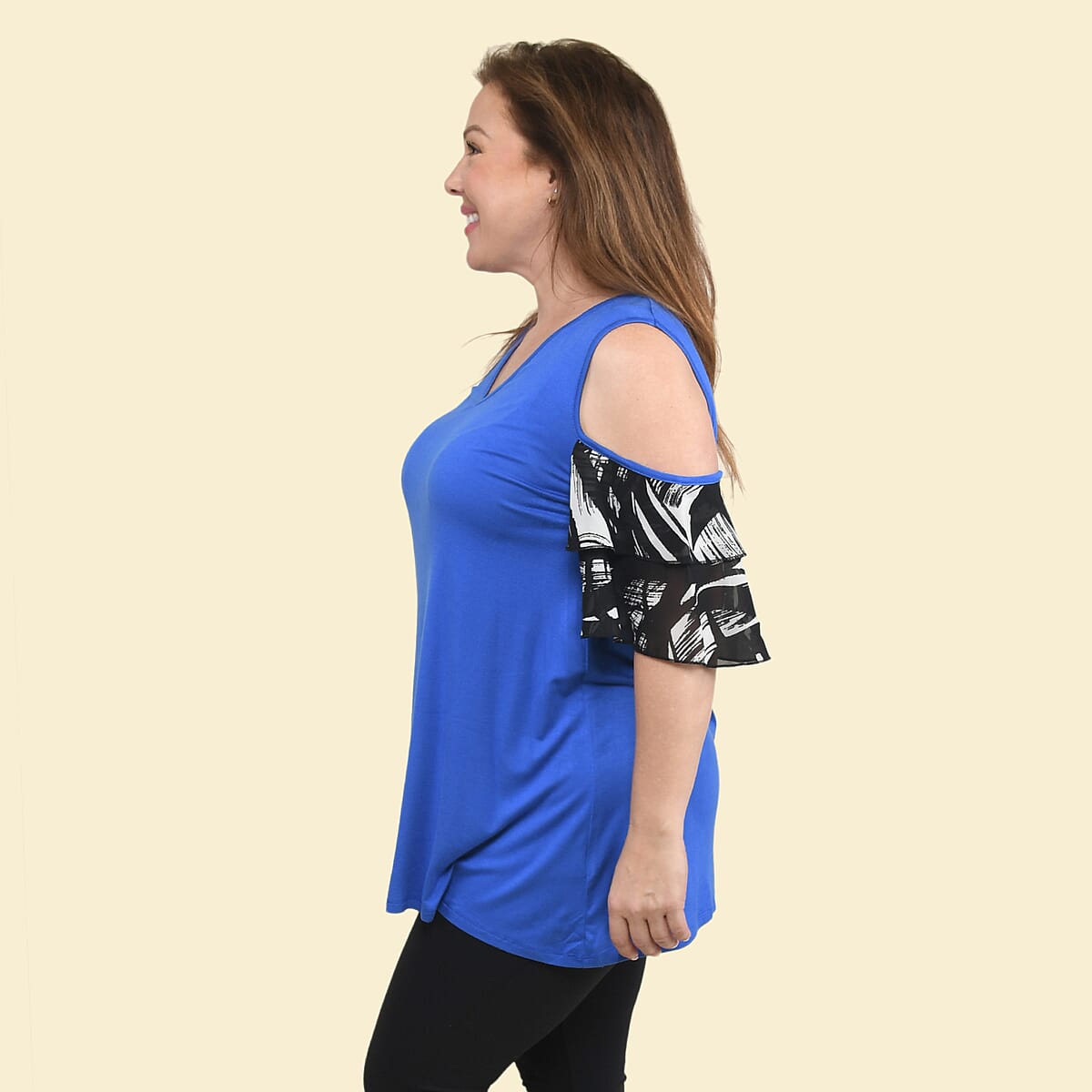 Tamsy Royal Blue Blouse with Cold Shoulder and Floral Ruffle Sleeve - 1X image number 2
