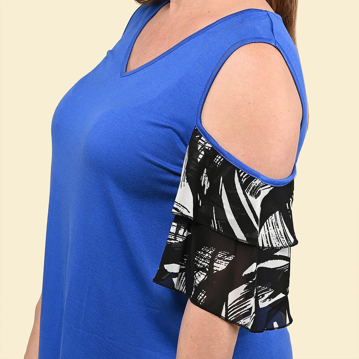 Tamsy Royal Blue Blouse with Cold Shoulder and Floral Ruffle Sleeve - 1X image number 4