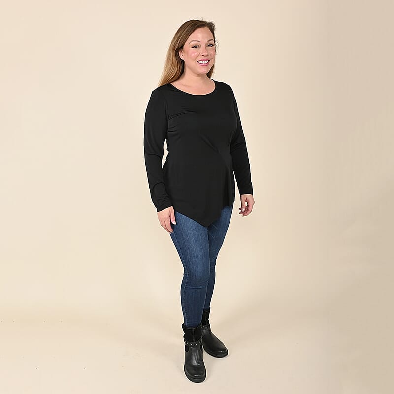 Tamsy Black Long Sleeve Asymmetrical Blouse - L
