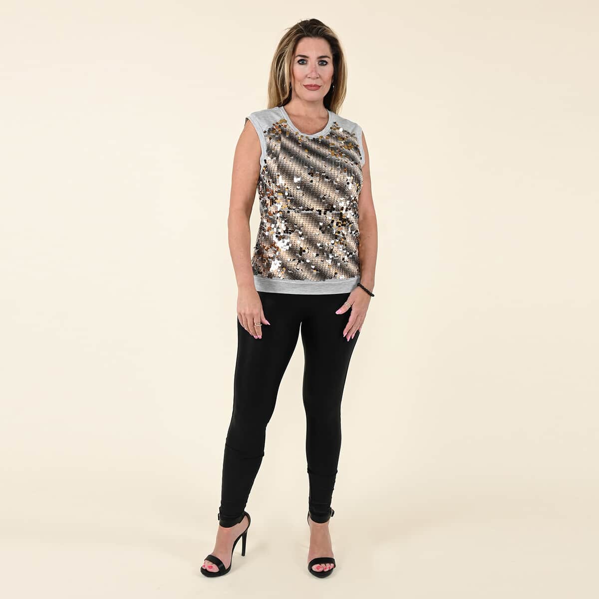 Tamsy Gray Tank Top with Gold Sequins and Cut Out Jacket Set - L image number 4