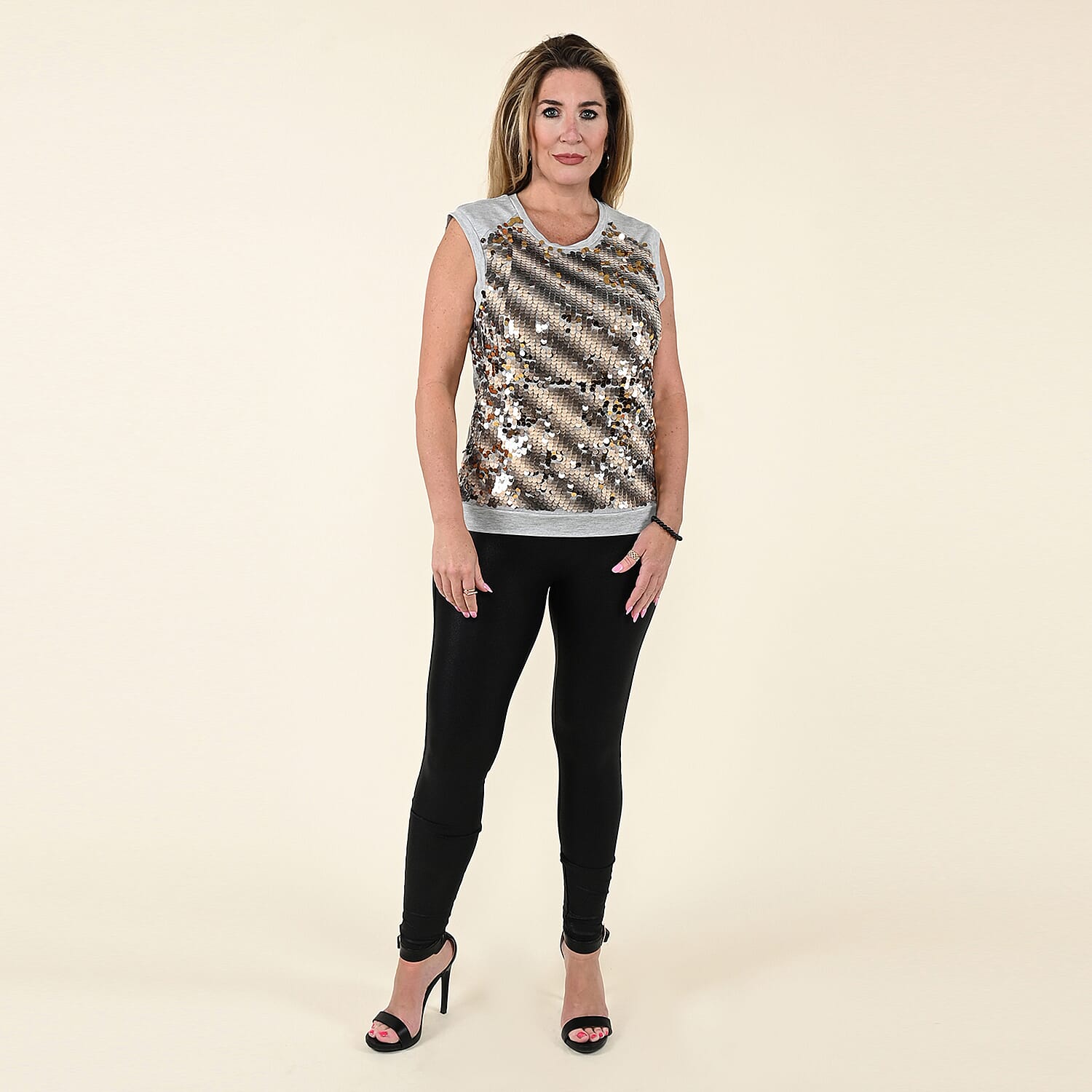 Tamsy Gray Tank Top with Gold Sequins and Cut Out Jacket Set - M