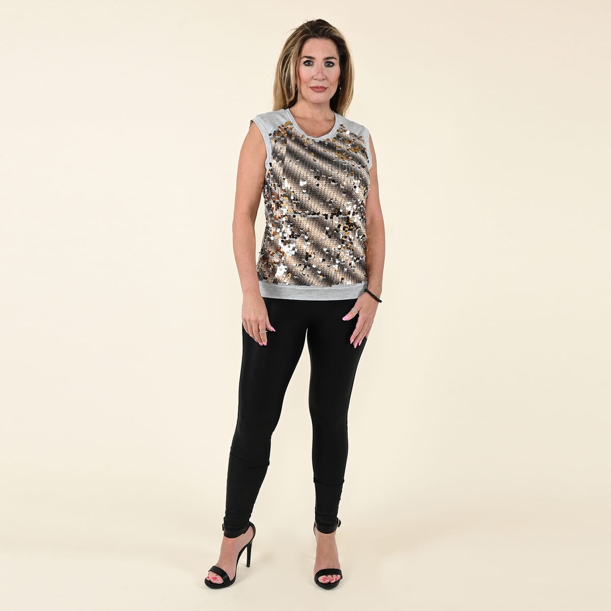 Tamsy Gray Tank Top with Gold Sequins and Cut Out Jacket Set - S image number 4