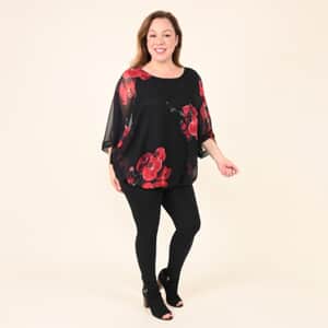 TAMSY Black Blouse with Red Floral Pattern - L