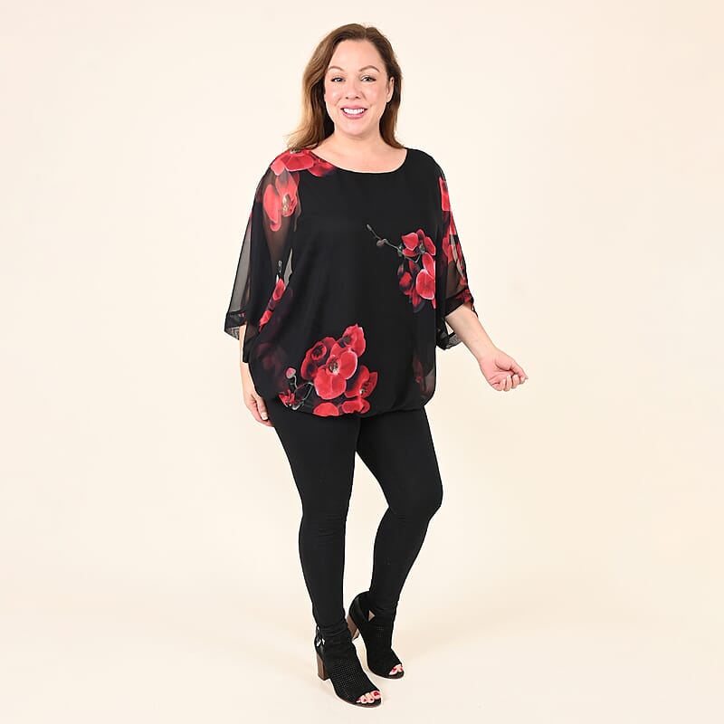 Tamsy Black Blouse with Red Floral Pattern - L