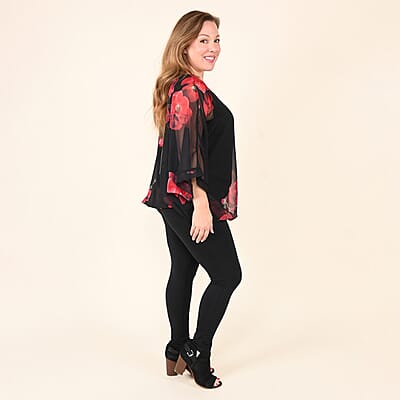 Tamsy Black Blouse with Red Floral Pattern - L