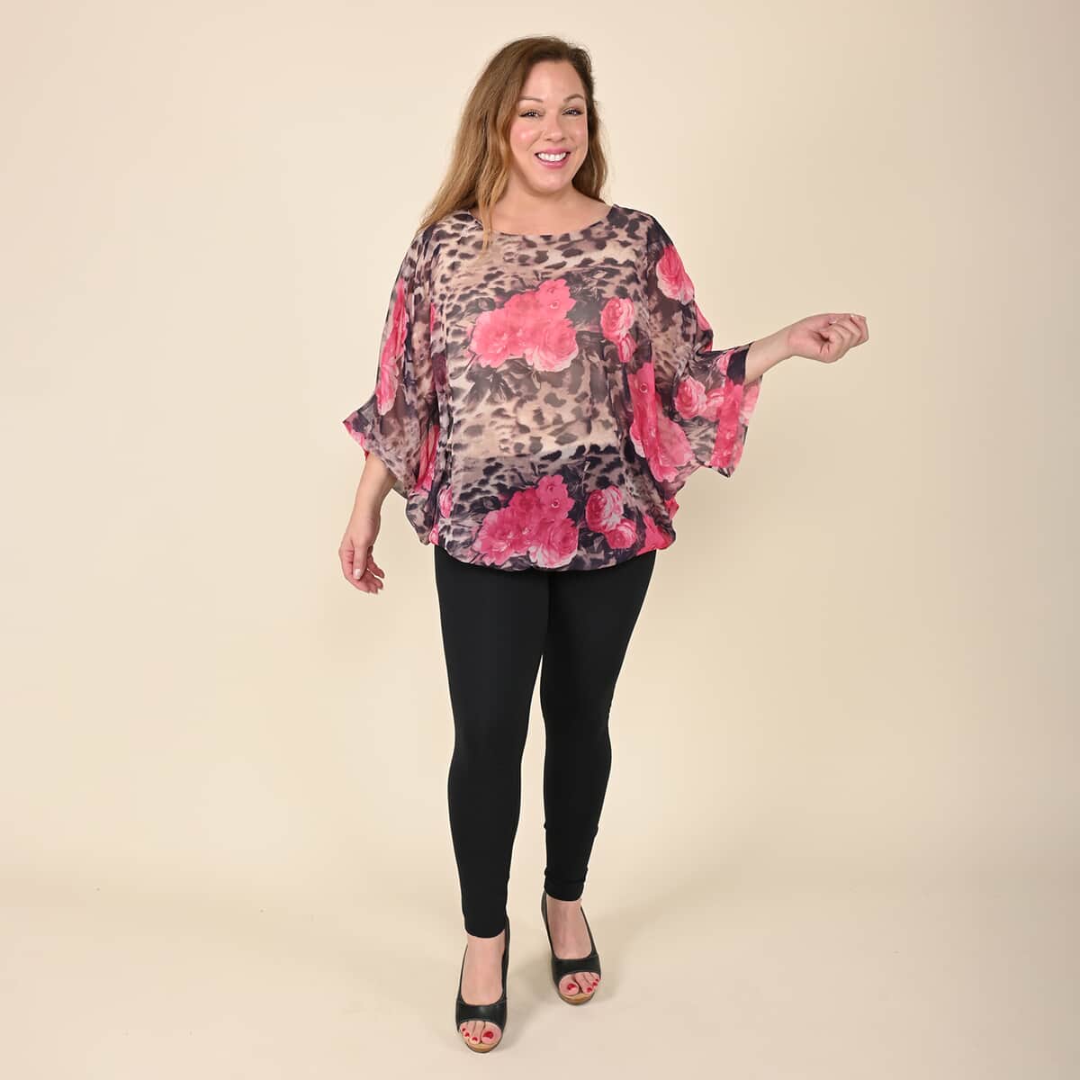 Tamsy Tan Leopard and Pink Floral Pattern Blouse - L image number 0