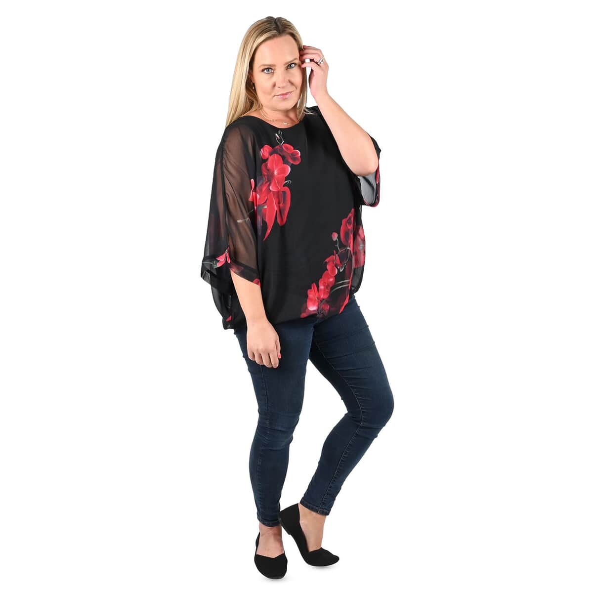 Tamsy Black Blouse with Red Floral Pattern - M image number 0