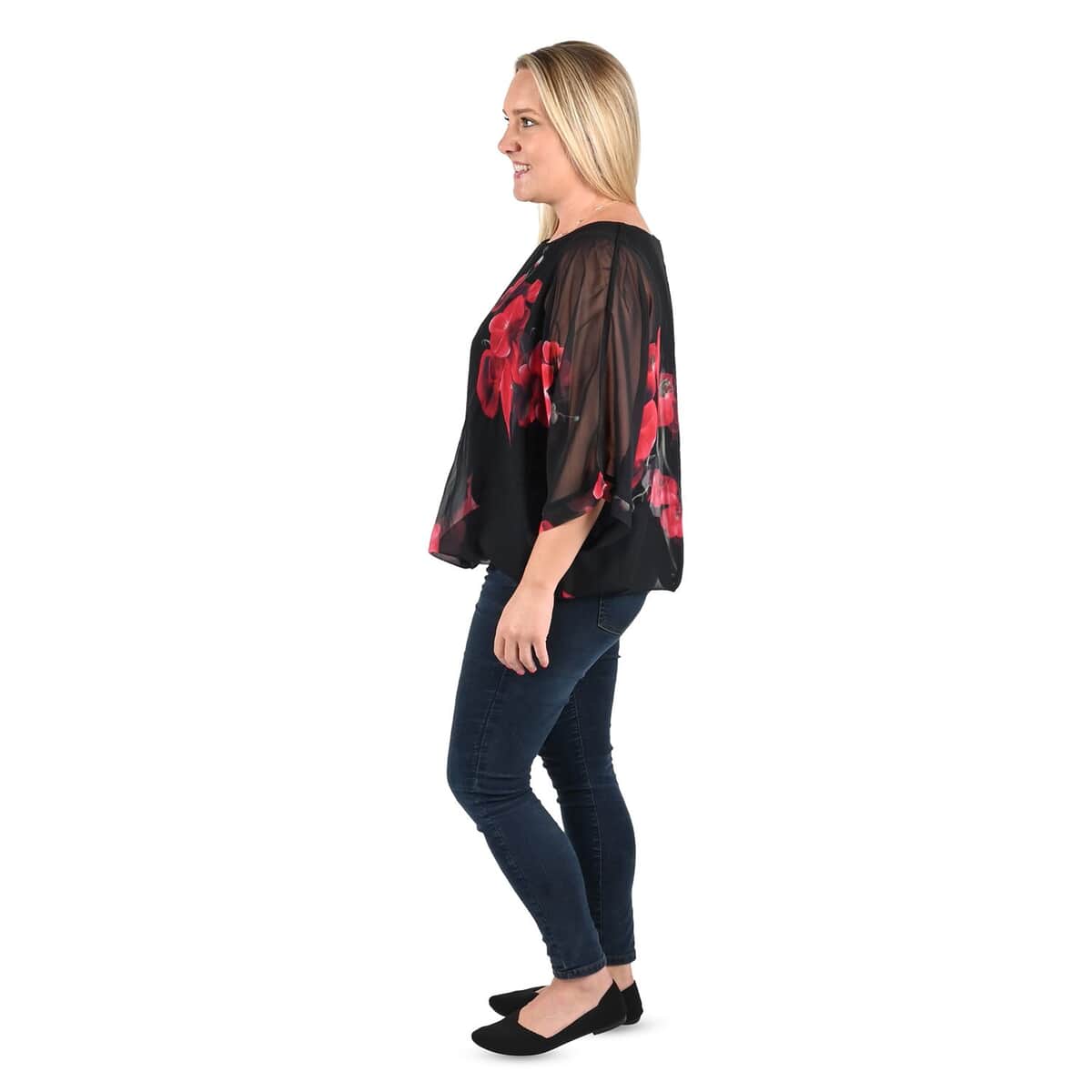 Tamsy Black Blouse with Red Floral Pattern - M image number 2