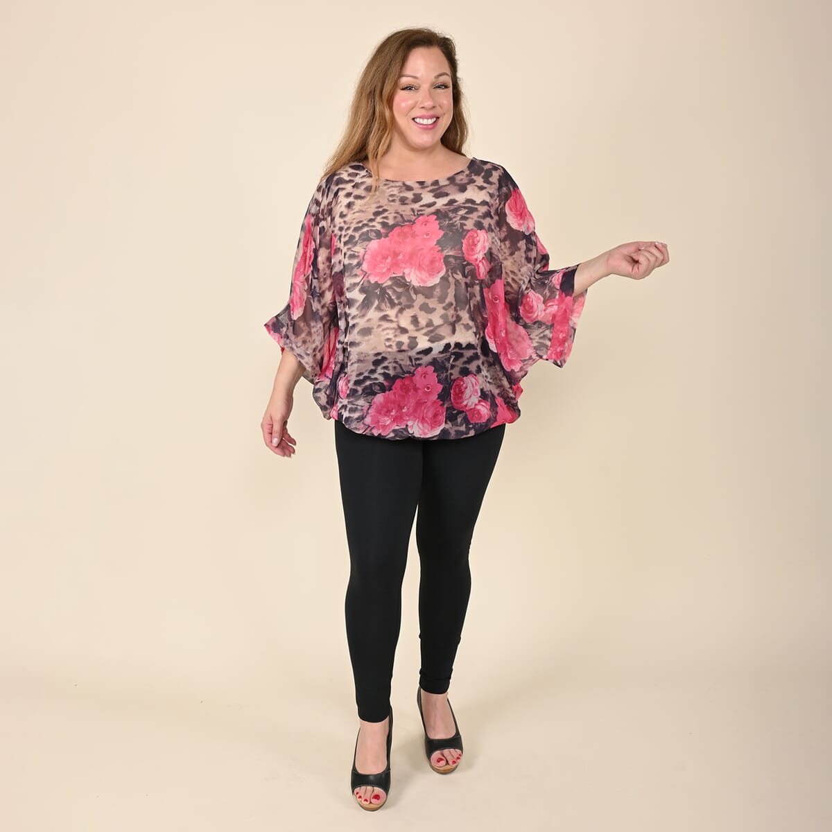 Tamsy Tan Leopard and Pink Floral Pattern Blouse - M image number 0