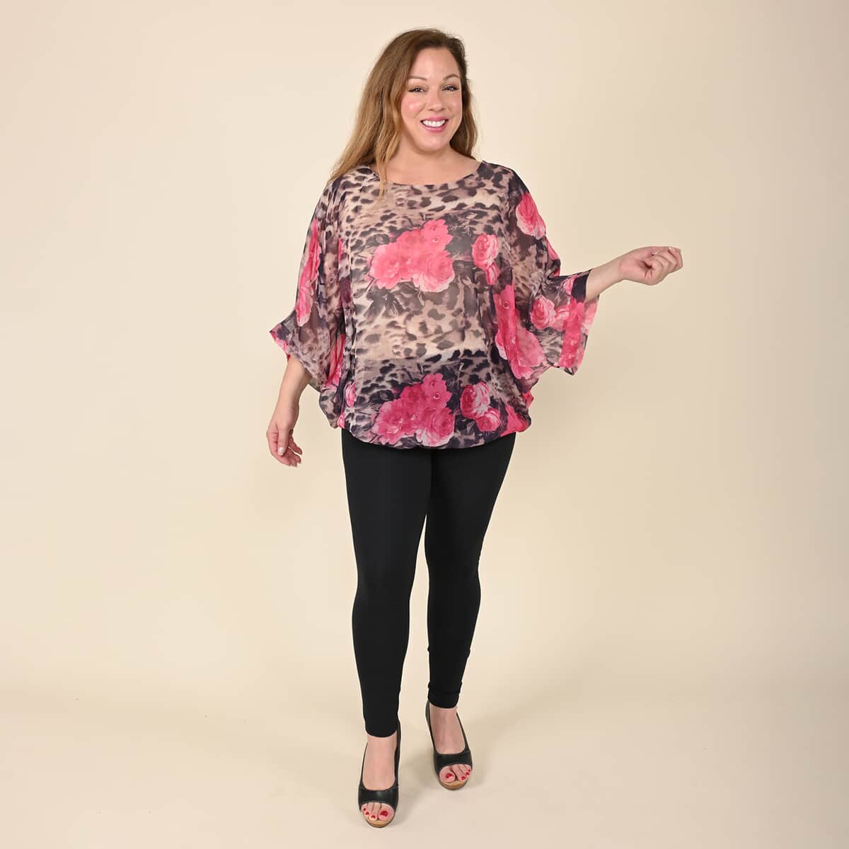 Tamsy Tan Leopard and Pink Floral Pattern Blouse - XS image number 0