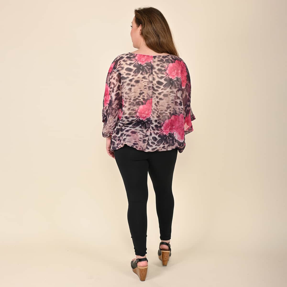 Tamsy Tan Leopard and Pink Floral Pattern Blouse - XS image number 1