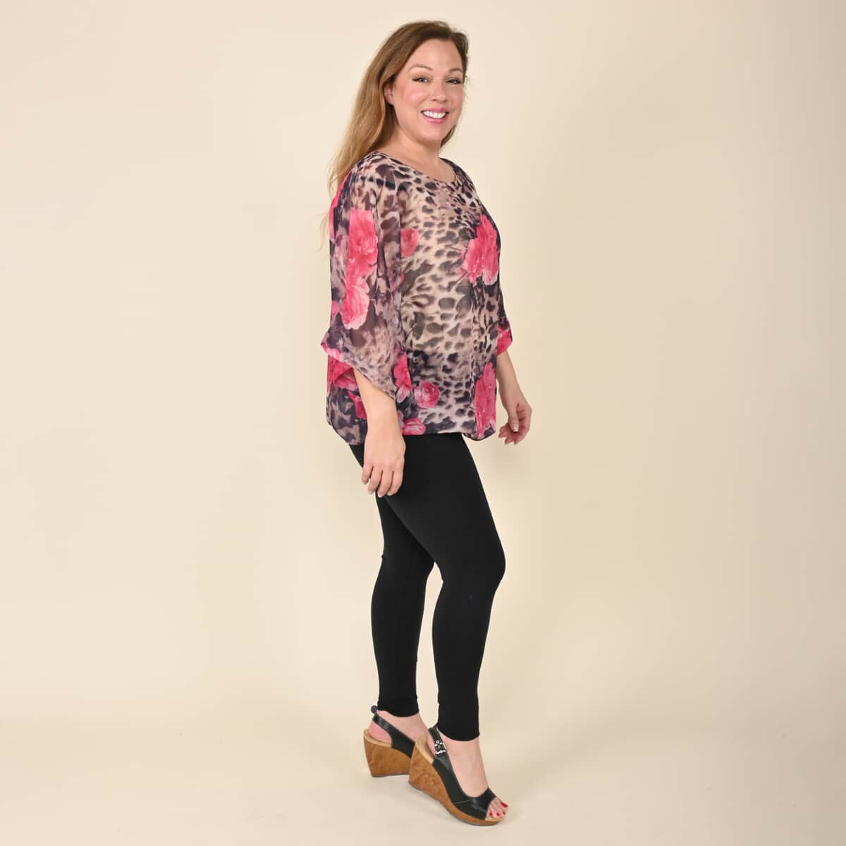 Tamsy Tan Leopard and Pink Floral Pattern Blouse - XS image number 2