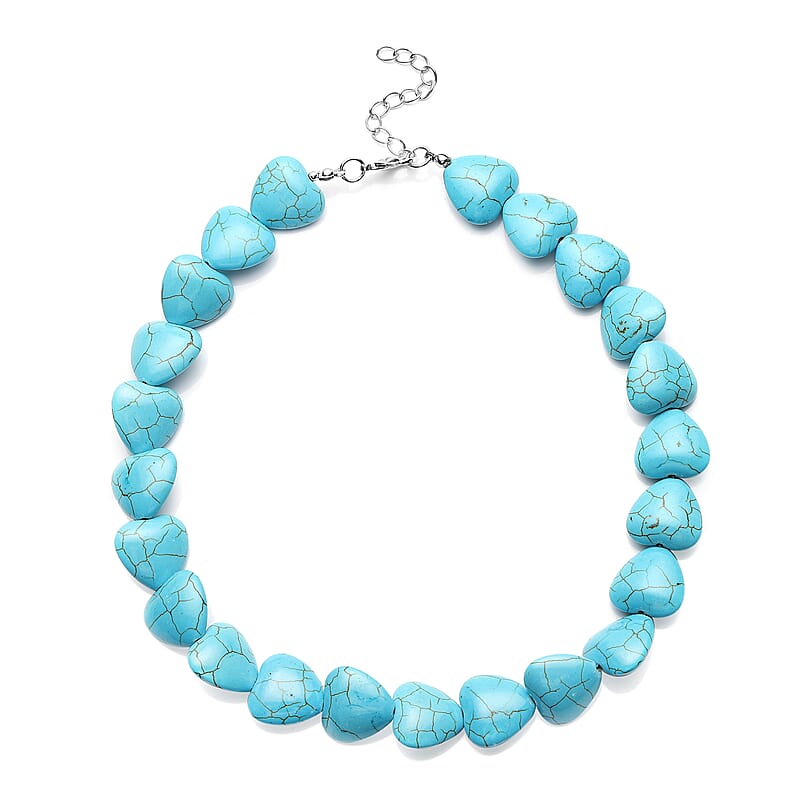 Freshened Blue Howlite Heart Beaded Necklace 18 Inches in Silvertone 410.00 ctw